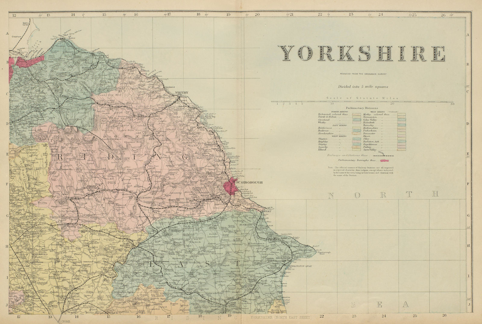 YORKSHIRE (North East) Scarborough Whitby antique county map by GW BACON 1885